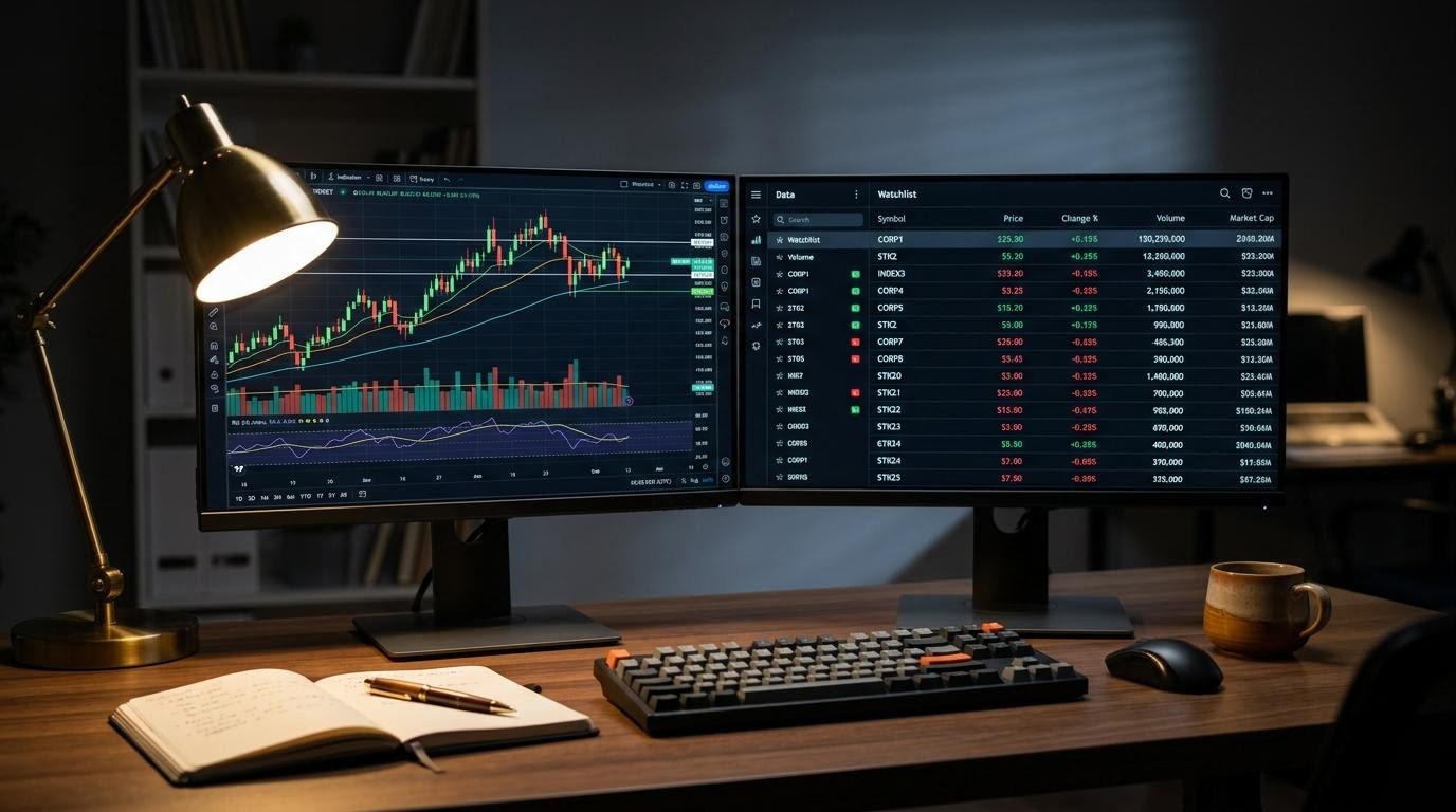 為替リアルタイム画面と株式銘柄一覧を並べた観察机